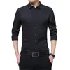  New Silky Formal Shirt Men Classic Business Slim Fit Dress Shirt Long Sleeve Solid Color Embroidery Collar Clothing