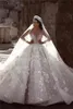 Dubai Arabic Luxury Ball Gown Wedding Dresses 2019 Illusion Long Sleeves Flowers Full Beading Crystal Cathedral Train Bridal Gowns