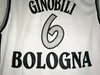 Manu Ginobili Jersey # 6 Virtus Kinder Bologna Europejski Mens Koszulki do koszykówki Zszyty Biała Koszulki Camiseta de Baloncesto