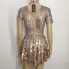 Female Sexy Sequins Dress Gold One-piece Mini Short Dress Nightclub Costumes Bar Club DJ Singer Dancer Team Gogo Performance Show 257C