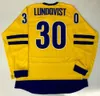 2014 TEAM SWEDEN koszulki hokejowe męskie 30 Henrik Lundqvist Vintage żółta szyta koszulka S-XXXL