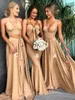 Sexy Gold Bridesmaid Dresses With Side Split A Line V Neck Long Boho Beach Wedding Guest Dresses Maid of Honor Gowns Plus Size