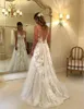 Romantik Sheer V Yaka Bahar Plaj Gelinlik Çiçek Yaz Dantel Bohemian Boho Bahçe Ülke Tarzı Vestido de novia Resmi Gelin Kıyafeti