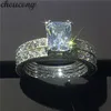 choucong Gioielli vintage Anello con diamante Diamonique da 3 ct taglio principessa Fedi nuziali di fidanzamento in oro bianco con set per donna