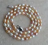 Piccola perla Gioielli, 18inches 3.5x5mm Bianco Rosa Lavanda Mixes colore Collana di perle d'acqua dolce genuino, monili del fiore di una ragazza.