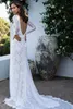 Modest Long Sleeve Wedding Dresses V Neck Lace Front Split Sexy Backless Sweep Train Mermaid Wedding Gowns Illusion Plus Size Bridal Dress