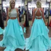 Ice Blue Ruffles Long Two Piece Prom Dresses Sexy Beaded Graduation Party Dresses Open Back Evening Formal Gowns for Teen Girls