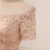 Róża Złota Koronkowa Prom Dress Wysoka Niski Off Ramię z Rękawami 2022 Lace Up Wstecz Designer Tanie Wieczór Formalne Suknie Nowe