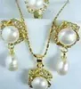 Beautiful white pearl earrings necklace ring set 17"