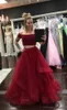 2019 New Arrival Burgundy Two Pieces Prom Dresses Off the Shoulder Short Sleeves Crop Top Ruffles Tulle Skirt Floor Length Evening Gown