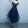 네이비 블루 칵테일 드레스 안녕하세요 로마 얇은 명소 아플리케 짧은 소매 밝은 회색