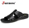 Genuine Leather Slippers Men Summer Sandals Breathable QIYHONG Stylish Shoes Real Leather Seaside Beach Flats