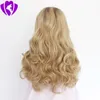 Glueless Blonde Ombre Lace Front Paryk Syntetisk Realistisk Looking Gratis Del Lång Vågig Brun Roots Blond Parig För Afrika Amerikansk