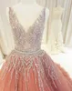 Sparkly Sequins Ball Gown Prom Dresses Blush Beaded V Neck Evening Gowns Dubai Party Dress robe de soiree