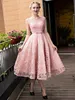 Free Shipping New Arrival Lace Applique Beading Sleeveless Cocktail Gown Elegant Jewel Tea Length Bow A-Line Lace-up Homecoming Dress