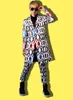 English letter Pattern Long Coat Pants Two Piece Men's Suits Tide male Singer Nightclub Punk Costume Star Concert Performance Stage Outfits