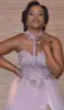 2018 New Dusty Pink Bridesmaid Dresses Lace Applique Halter Floor Length Split Tulle For Wedding Maid of Honor Gowns Prom Evening Dress