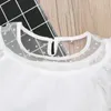 2018 طفلة الملابس الدانتيل شبكة قمم ملابس الصيف قصيرة الأكمام وهمية قطعتين تيز قمم قميص حار بيع الدانتيل الأبيض ملابس الأطفال