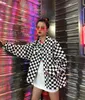 Plus Size Women's Casual Turn-down Collar Black White Plaid Jackets Single Breasted Thin Harajuku Jackets Loose Punk Coat