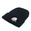 Women Winter Hat with Embroided Rose Flower Solid Black Knitted Beanie Knitted Skullies Caps for Female Winter Hats for Women