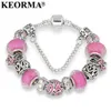 KEORMA Braccialetti in argento antico da donna Bracciale in vetro di Murano con perline di cristallo Nuovo braccialetto con ciondoli a nastro rosa per la consapevolezza del cancro al seno