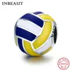 INBEAUT Véritable Argent 925 Mignon Jaune Bleu Volley-Ball Perle Charme fit Pandora Bracelet Collection Sport Bijoux Fabrication