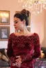 2019 Gorgeous Burgundy Dubai Muslim Evening Dresses Velvet Long Sleeves Luxury Beading Lace Arabic Islamic Abaya Mermaid Prom Part7273048