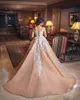 2024 Champagne Gold Ball Gown Evening Dresses Off Shoulder White Lace Appliqued Puffy Tulle Corset Sweep Train Long Arabic Prom Party Gowns 403