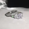 Vendita calda 925 Sterling Silver Wedding Ring Finger 2-in-1 lusso taglio smeraldo gioielli con diamanti simulati per le donne anelli di fidanzamento