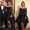 2019 Plus Size Hi Lo Prom Dresses Off the Shoulder Illusion Long Sleeves Tiered Tulle Short Front Long Back Evening Black Party Gowns