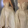 Shiny Gold Abiye Mermaid Long Evening Dresses With Detachable Train Flower Lace Evening Gowns Sequin Sexy Dress Formal Backless 2 Pieces