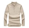 Verão Mens Linho de Algodão Verde Khaki Camisa Misturada Mandarim Collar Respirável Comfy Tradicional Chinesa Estilo Popover Henley Camisas para homens