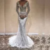 Splendido abito da sposa con applicazioni di perle Sexy scollo a V maniche lunghe Perline Abito da sposa a sirena in pizzo Elegante Taglie forti Dubai Vestido De Novia