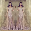 Atraente Ver Através Vestido de Noite Sexy Sheer Longs Bordados Appliqued Sereia Prom Dress Saudita Vestidos Dubai Partido com Overskirt