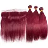 Brasilianskt vin Rött humant hår 3 buntar handlar om frontal rak # 99J Burgundy Red Hair Weave buntar med 13x4 full spets frontlin