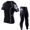 Erkekler için Tayt CrossFit erkek sıkı montaj giyim kısa kollu tişört + pantolon kiti