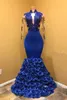 Kungliga blå långa ärmar kväll klänningar djupa v nacke mermaid prom klänningar 2018 spets approaches afrikanska kvinnor formella slitage party kappor vestidos