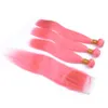 Tejidos de cabello humano rosa con cierre de encaje Cierre de encaje recto de seda con mechones Extensión de cabello rosa con cierre de encaje 4X4 4 unids/lote