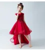 Czerwony Wysoki Niski 3D Appliqued Flower Girls Sukienki na Wesela Zroszony Toddler Pagewant Suknie Hollow Powrót Organza Kids Prom Dress