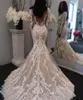 New Illusion Long Sleeves Lace Mermaid Wedding Dresses Tulle Applique Court Bridal Formal Gowns Zipper with Button Back Wedding Dress