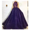 Gorgeous Dark Purple Prom Dresses Crytal Beads Lace Applique Jewel Neck Sleeveless Prom Party Dress Sexy Ruffles Tulle Evening Dresses