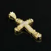 Retro Silver Cross Charm Wisiant Pełny lód CZ symulowany Diamonds Catholic Crucifix Naszyjnik z długim kubańskim łańcuchem H239T