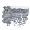 Brasiliansk jungfru silvergrå mänskligt hår väver med full spets frontala 4st lot kroppsvåg ren grå färg 13x4 spets frontala stängning5034499
