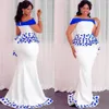 White Off Shoulder Prom Dresses With Blue Appliques Sexy Mermaid Long Prom Dress Formal Evening Gowns Custom Made Plus Size Cocktail Dress