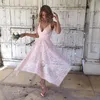 Pembe Düzensiz Yüksek Düşük Balo Parti Elbiseler V Boyun Asimetrik Kısa Gelinlik Modelleri 2018 Bohemian Dantel Düğün Konuk Elbiseler Parti Abiye