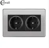 Coswall 16A EU Standard Wall Double Socket Luxury Power Outlet Stainless Steel Brushed Silver Panel 146mm*86mm AC 110~250V