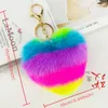 Heart Pompoms Keychain Rainbow Plush Balls Key Chains Dekorativa hängsmycken för kvinnor Bag Tillbehör Keychains bil Fashion Keyring230p