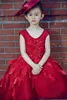 2019 결혼식을위한 새로운 진한 붉은 꽃 소녀 드레스 레이스 아플리케 진주 가운 가운 높은 낮은 다시 생일 창녀 친목회 선발 드레스