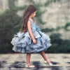 Nouvelle Arrivée Gris Perlé Robe De Bal Robe De Fille De Fleur Pour Le Mariage À Niveaux Toddler Pageant Robes Organza Appliqued Longueur Au Genou Enfants Robe De Bal