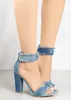 Fashion Women Open Toe Denim Black Beige Blue Chunky Ankle Strap Back Zipper-up Thick Heel Sandals Dress Shoes